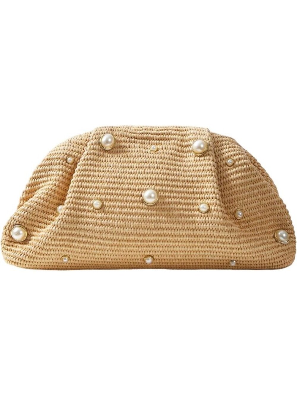 Womens Natural Straw Woven Faux Pearl Ruched Dumpling Clutch Evening Bag Purse
